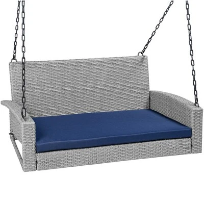 Best Choice Products Woven Wicker Hanging Porch Swing Bench For Patio, Deck W/ Mounting Chains, Seat Cushion - Image 7