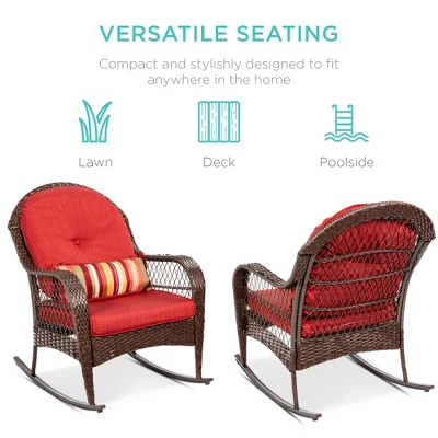 Best Choice Products Outdoor Wicker Rocking Chair For Patio, Porch W/ Steel Frame, Weather-Resistant Cushions - Red - Image 4