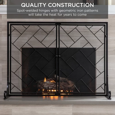 Best Choice Products 44x33in 2-Panel Handcrafted Wrought Iron Geometric Fireplace Screen W/ Magnetic Doors - Image 5