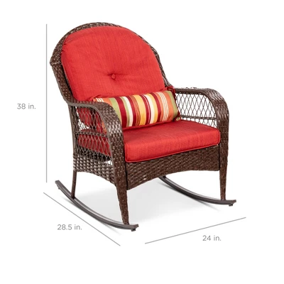 Best Choice Products Outdoor Wicker Rocking Chair For Patio, Porch W/ Steel Frame, Weather-Resistant Cushions - Red - Image 6