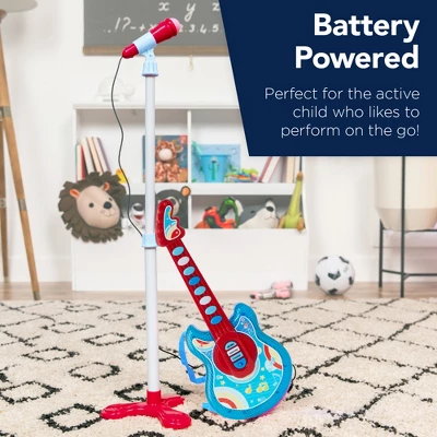 Best Choice Products 19in Kids Flash Guitar, Pretend Play Musical Instrument Toy For Toddlers W/ Mic, Stand - Blue - Image 2