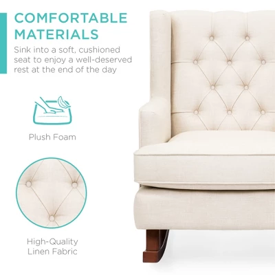 Best Choice Products Rocking Accent Chair, Tufted Upholstered Wingback For Home, Nursery W/ Wood Frame - Image 3