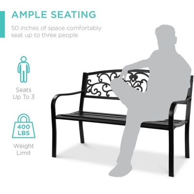 Best Choice Products Outdoor Steel Bench Garden Patio Porch Furniture W/ Floral Design Backrest, Slatted Seat - Image 3