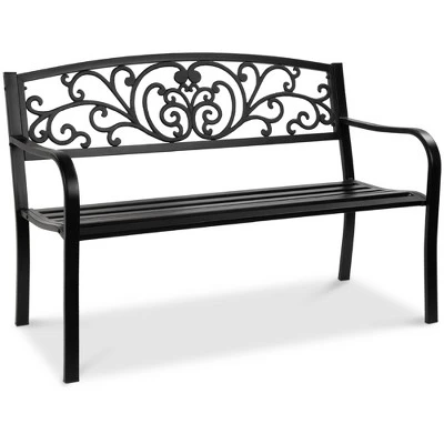 Best Choice Products Outdoor Steel Bench Garden Patio Porch Furniture W/ Floral Design Backrest, Slatted Seat - Image 7
