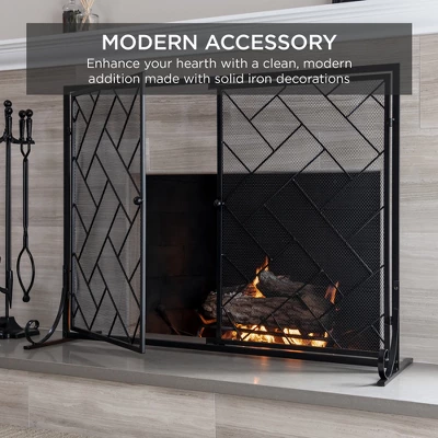 Best Choice Products 44x33in 2-Panel Handcrafted Wrought Iron Geometric Fireplace Screen W/ Magnetic Doors - Image 2