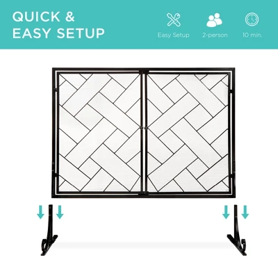 Best Choice Products 44x33in 2-Panel Handcrafted Wrought Iron Geometric Fireplace Screen W/ Magnetic Doors - Image 4