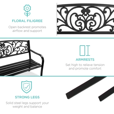 Best Choice Products Outdoor Steel Bench Garden Patio Porch Furniture W/ Floral Design Backrest, Slatted Seat - Image 4