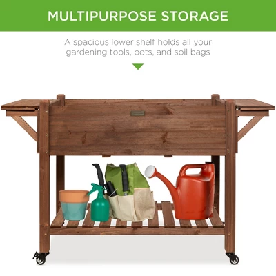 Best Choice Products 57x20x33in Mobile Raised Garden Bed Elevated Wood Planter Box W/ Folding Side Tables - Brown - Image 3