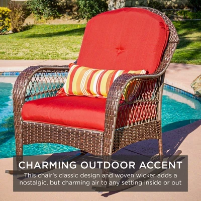 Best Choice Products Outdoor Wicker Rocking Chair For Patio, Porch W/ Steel Frame, Weather-Resistant Cushions - Red - Image 5