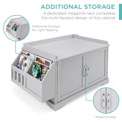 Best Choice Products Large Wooden Cat Litter Box Enclosure, Storage Cabinet Bench Table W/ Magazine Rack - Image 3