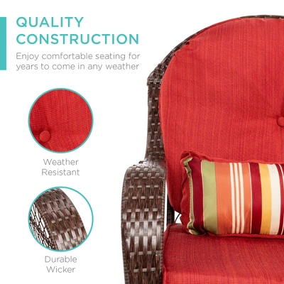 Best Choice Products Outdoor Wicker Rocking Chair For Patio, Porch W/ Steel Frame, Weather-Resistant Cushions - Red - Image 2