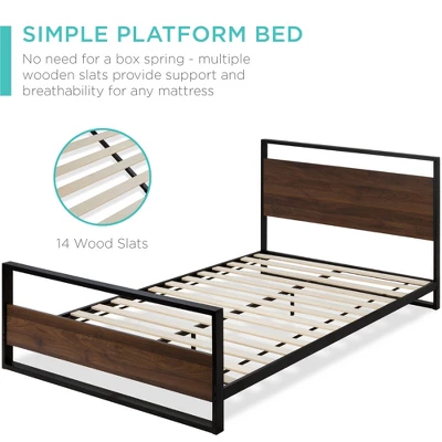 Best Choice Products Metal Wood Platform Queen Bed Frame W/ Wood Slats, Headboard, Footboard, 660lb Cap - Black/Brown - Image 2