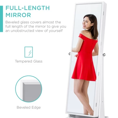 Best Choice Products 360 Swivel Standing Mirrored Jewelry Cabinet, LED-Lit Makeup Organizer W/ Mirror - White - Image 2