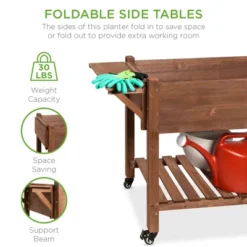 Best Choice Products 57x20x33in Mobile Raised Garden Bed Elevated Wood Planter Box W/ Folding Side Tables - Brown