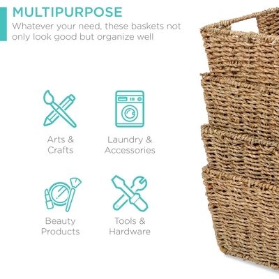 Best Choice Products Set Of 4 Multipurpose Stackable Seagrass Storage Laundry Organizer Baskets W/ Handles - Image 2