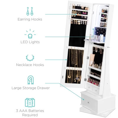 Best Choice Products 360 Swivel Standing Mirrored Jewelry Cabinet, LED-Lit Makeup Organizer W/ Mirror - White - Image 4