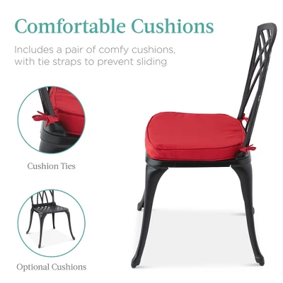 Best Choice Products 3-Piece Aluminum Patio Bistro Set W/ Umbrella Hole, 2 Chairs, Polyester Cushions - Black/Red - Image 2