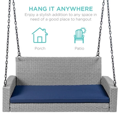 Best Choice Products Woven Wicker Hanging Porch Swing Bench For Patio, Deck W/ Mounting Chains, Seat Cushion - Image 3