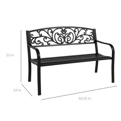 Best Choice Products Outdoor Steel Bench Garden Patio Porch Furniture W/ Floral Design Backrest, Slatted Seat - Image 6