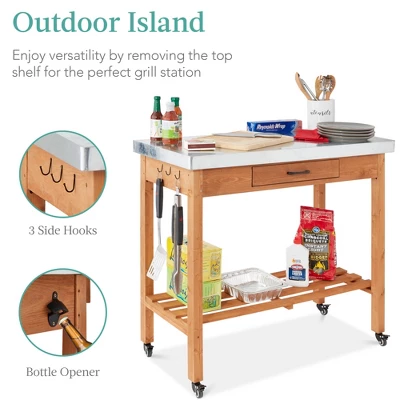 Best Choice Products Mobile Outdoor Table And Storage Cabinet W/ Hooks, 4 Wheels, Stainless Steel Top - Stained Brown
