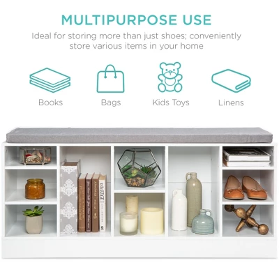 Best Choice Products 46in Shoe Storage Organization Rack Bench For Entryway, Bedroom W/ Padded Seat, 10 Cubbies - White - Image 2