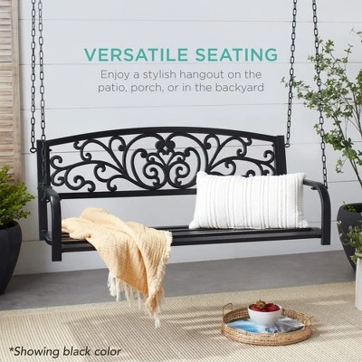 Best Choice Products 2-Person Metal Outdoor Porch Swing, Hanging Steel Patio Bench W/ Floral Accent - Bronze - Image 5