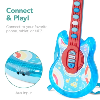 Best Choice Products 19in Kids Flash Guitar, Pretend Play Musical Instrument Toy For Toddlers W/ Mic, Stand - Blue - Image 4