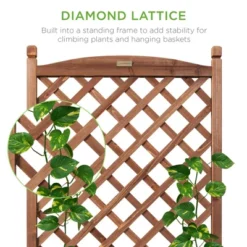 Best Choice Products 60in Mobile Wood Planter Box & Diamond Lattice Trellis, W/ Drainage Holes, Optional Wheels - Walnut