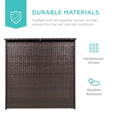 Best Choice Products 3-Piece All-Weather Wicker Bar Table Set For Patio, Backyard W/ 2 Stools, Glass Tabletop - Brown