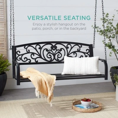 Best Choice Products 2-Person Metal Outdoor Porch Swing, Hanging Steel Patio Bench W/ Floral Accent - Black - Image 5