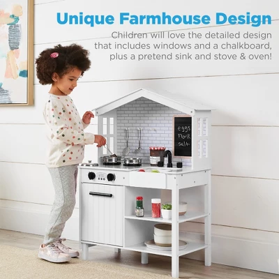 Best Choice Products Farmhouse Play Kitchen Toy For Kids W/ Chalkboard, Storage Shelves, 5 Accessories
