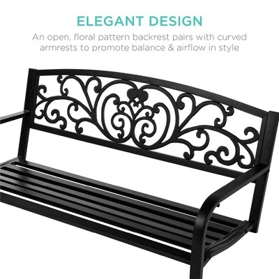 Best Choice Products 2-Person Metal Outdoor Porch Swing, Hanging Steel Patio Bench W/ Floral Accent - Black - Image 2