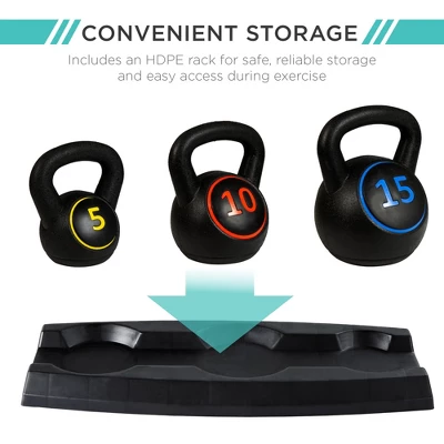 Best Choice Products 3-Piece Kettlebell Set With Storage Rack, Exercise Fitness Concrete Weights 5lb, 10lb, 15lb - Image 2