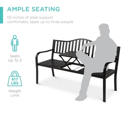 Best Choice Products Outdoor Garden Steel Patio Porch Bench With Pullout Middle Table W/ Weather-Resistant Frame - Black - Image 3