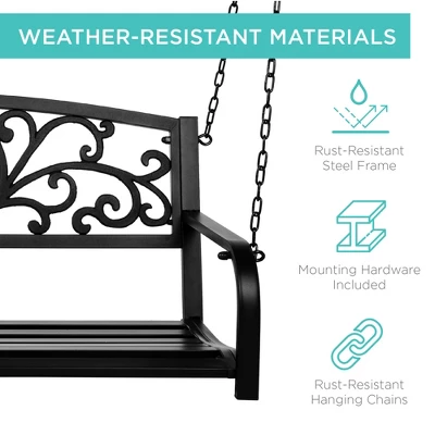 Best Choice Products 2-Person Metal Outdoor Porch Swing, Hanging Steel Patio Bench W/ Floral Accent - Black