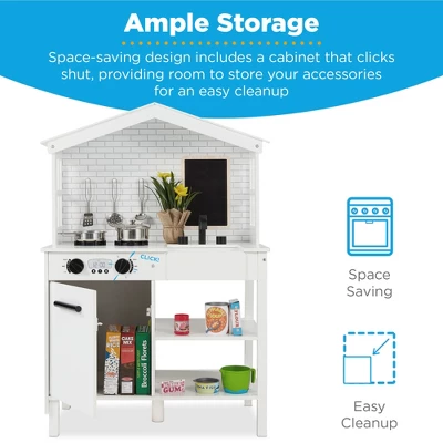 Best Choice Products Farmhouse Play Kitchen Toy For Kids W/ Chalkboard, Storage Shelves, 5 Accessories - Image 4