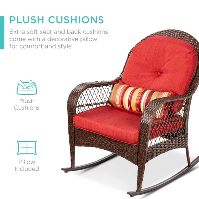 Best Choice Products Outdoor Wicker Rocking Chair For Patio, Porch W/ Steel Frame, Weather-Resistant Cushions - Red - Image 3