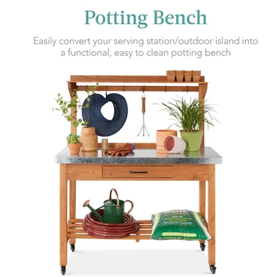 Best Choice Products Mobile Outdoor Table And Storage Cabinet W/ Hooks, 4 Wheels, Stainless Steel Top - Stained Brown - Image 2