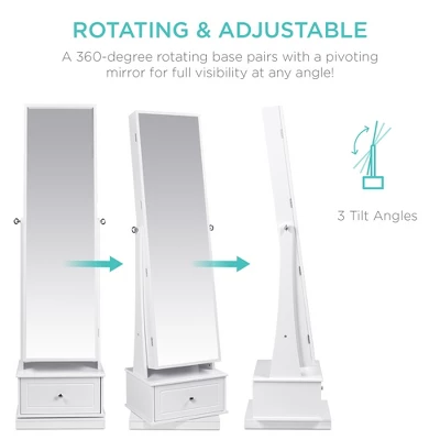 Best Choice Products 360 Swivel Standing Mirrored Jewelry Cabinet, LED-Lit Makeup Organizer W/ Mirror - White