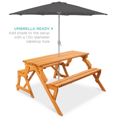 Best Choice Products 2-in-1 Outdoor Interchangeable Wooden Picnic Table/Garden Bench For W/ Umbrella Hole - Natural - Image 4