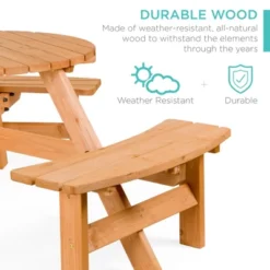 Best Choice Products 6-Person Circular Outdoor Wooden Picnic Table W/ 3 Built-In Benches, Umbrella Hole