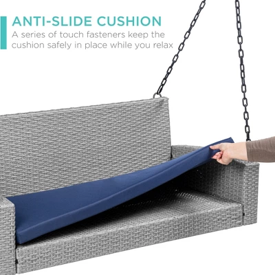 Best Choice Products Woven Wicker Hanging Porch Swing Bench For Patio, Deck W/ Mounting Chains, Seat Cushion - Image 4