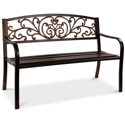 Best Choice Products Outdoor Steel Bench Garden Patio Porch Furniture W/ Floral Design Backrest, Slatted Seat - Image 8