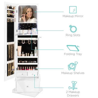 Best Choice Products 360 Swivel Standing Mirrored Jewelry Cabinet, LED-Lit Makeup Organizer W/ Mirror - White - Image 3