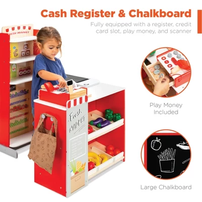Best Choice Products Kids Pretend Play Grocery Store Wooden Supermarket Set W/ Chalkboard, Cash Register - Image 3
